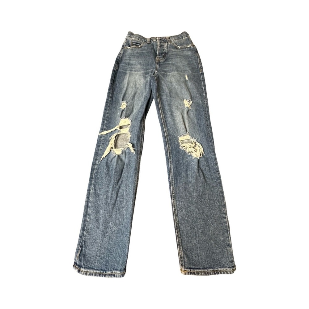 Old Navy Jeans Womens 0 Blue Sky-Hi Straight Extra High-Rise Distressed Denim